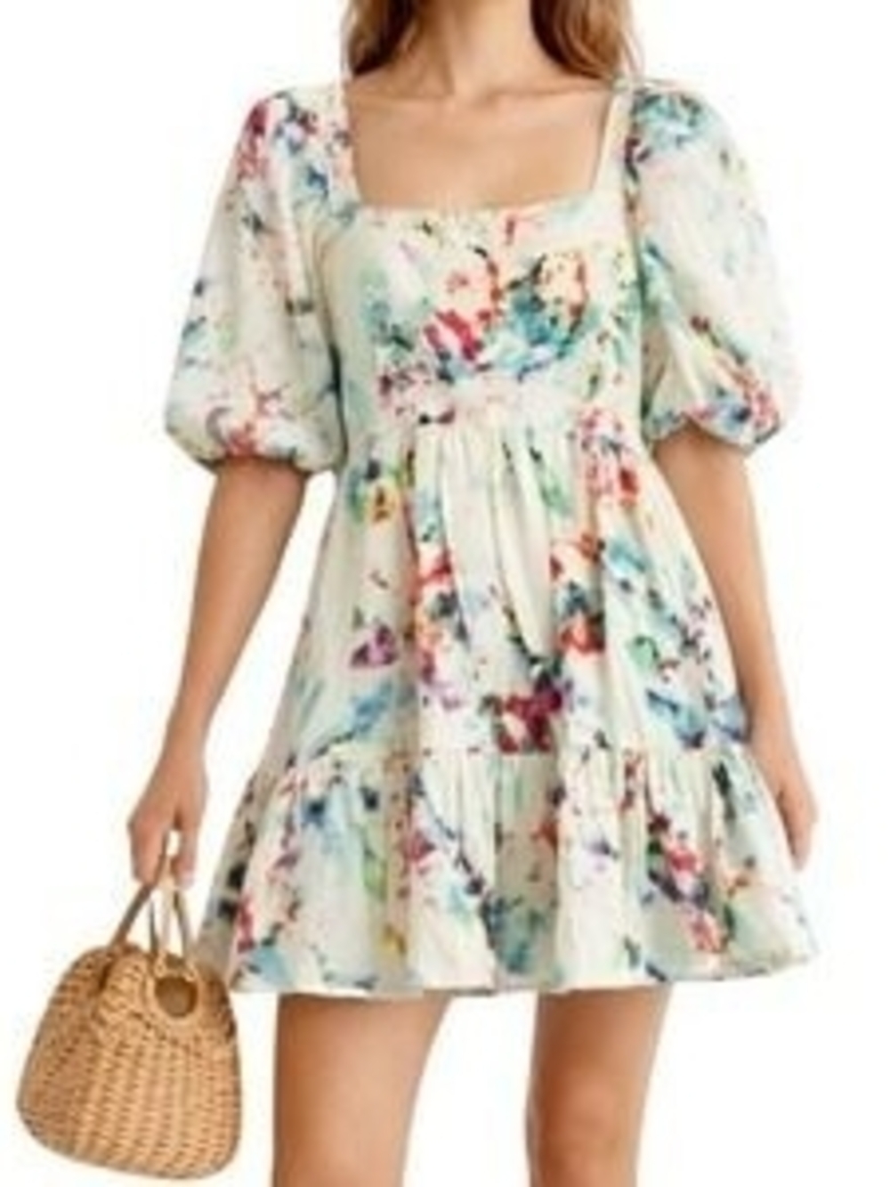 Floral Puff-Sleeve Square-Neck Mini Dress - Cream Multi